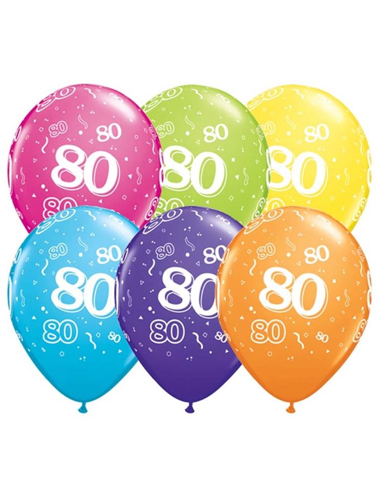 Age 80 Pack of 6 11" assorted coloured balloons