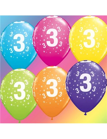 Age 3 Pack of 6 11" assorted coloured balloons