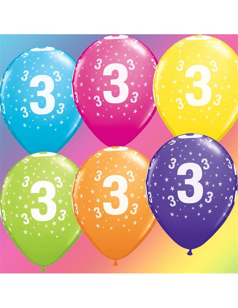 Age 3 Pack of 6 11" assorted coloured balloons