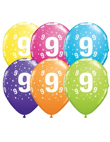 Age 9 Pack of 6 11" assorted coloured balloons