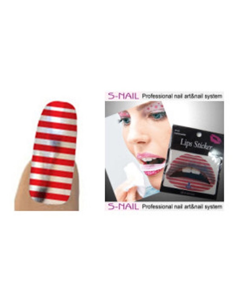 Lip Tattoo & 16 Nails Red - White Stripe