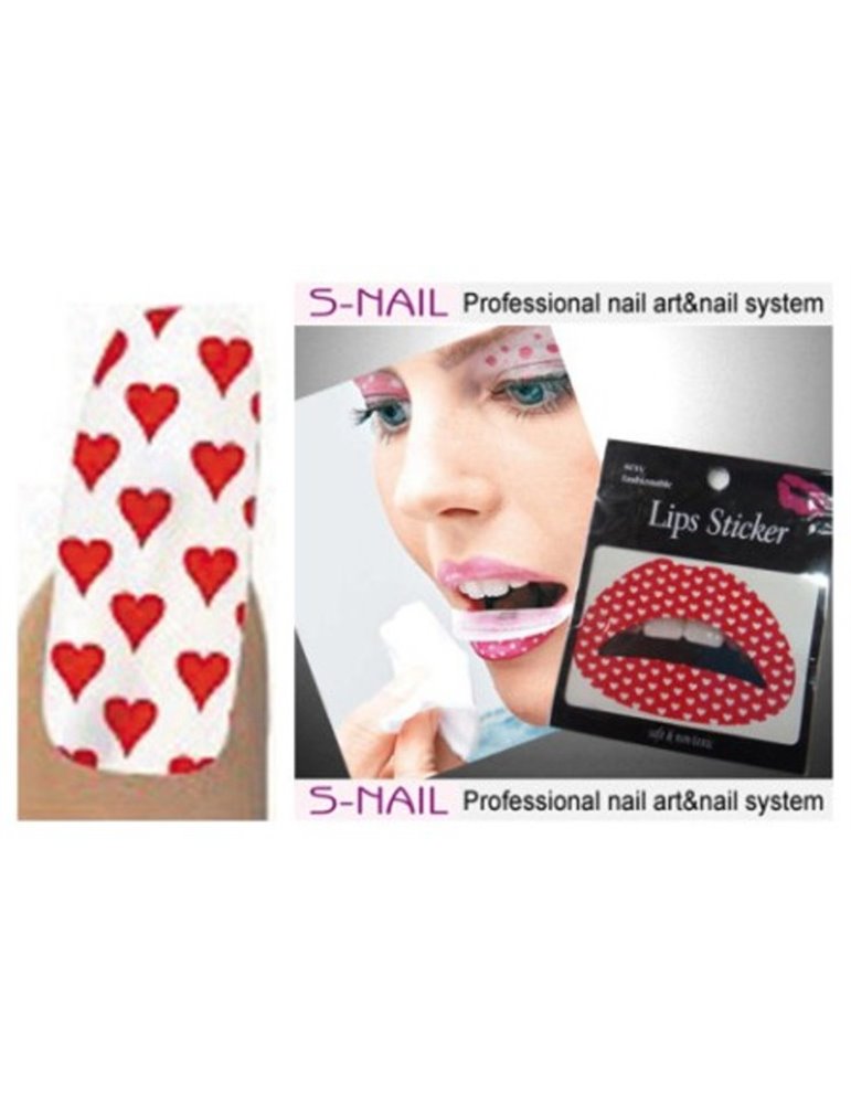 Lip Tattoo & 16 Nails White/Red Hearts