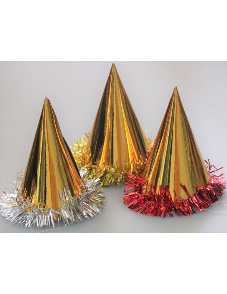 Foil Party Hats Cone & Tinsel Gold 100's