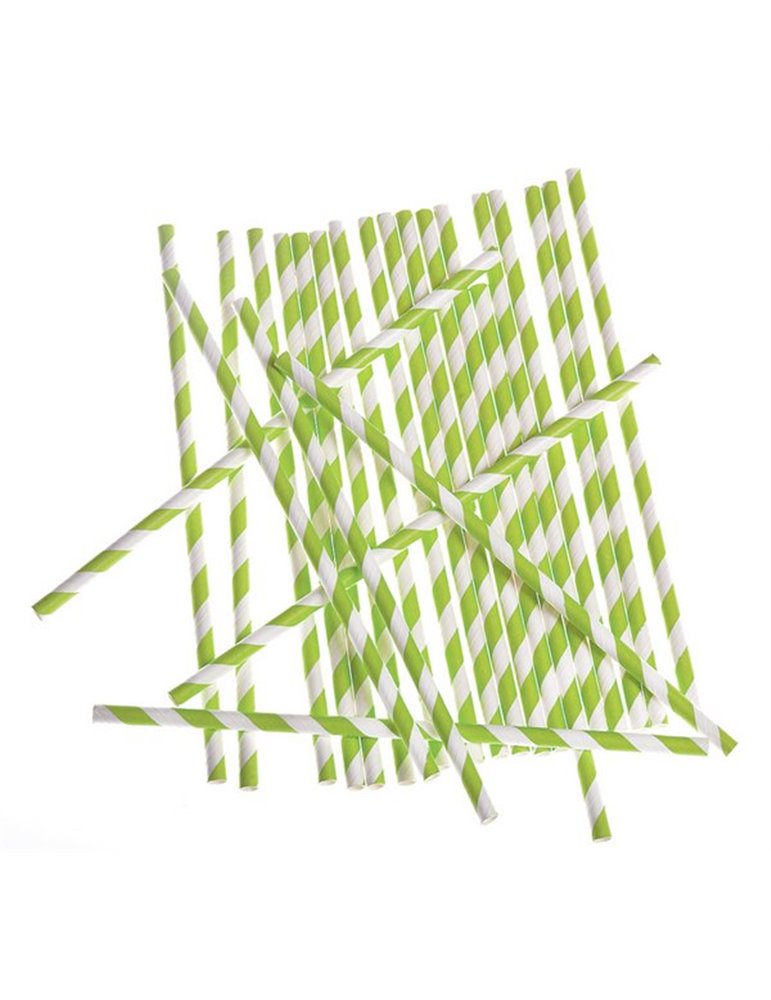 Party Straws Paper Striped Green 24's