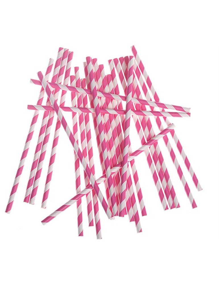 Party Straws Paper Striped Pink 24's