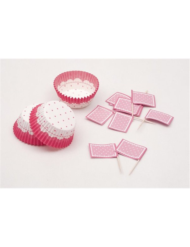 Cup Cake Cases Pink & White & Picks Larg