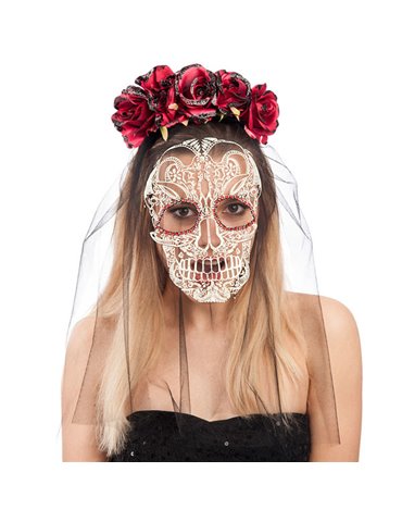 Tiara with Black Lace Veil & Rose 12c