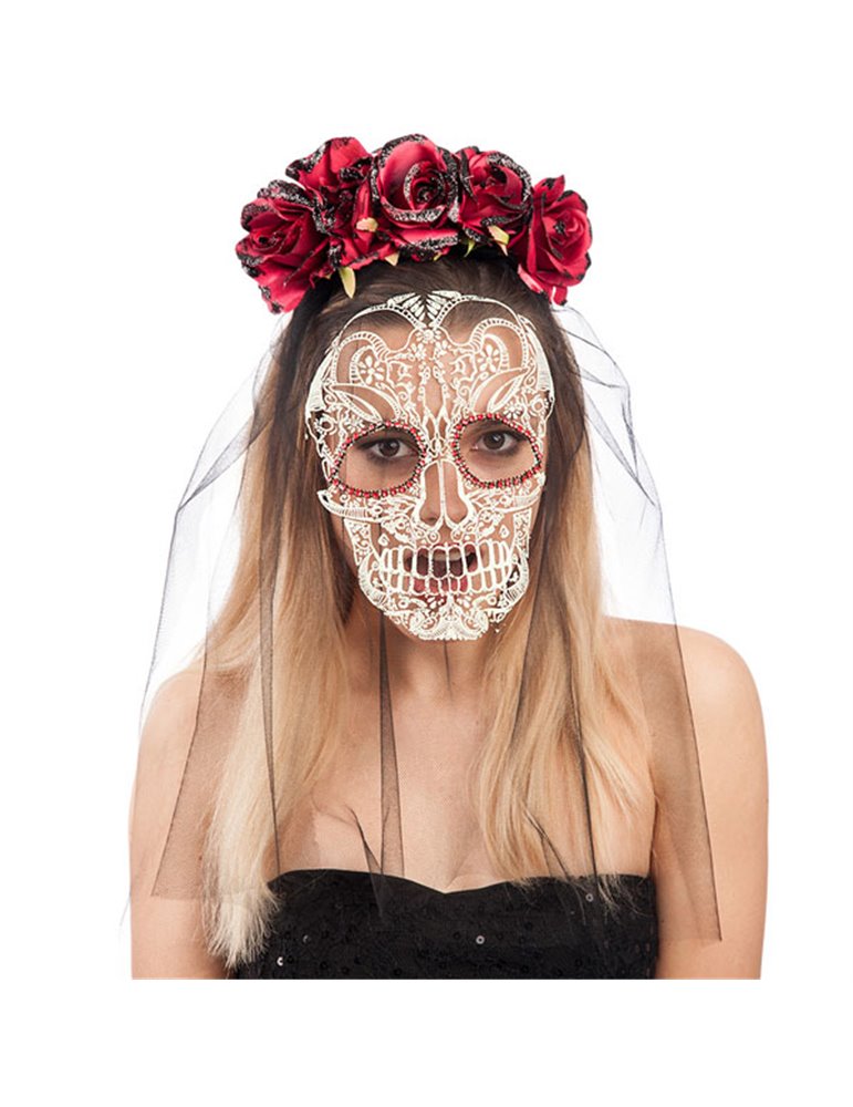 Tiara with Black Lace Veil & Rose 12c