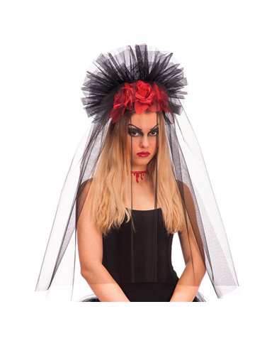 Tiara Black Veil with Rose Crown