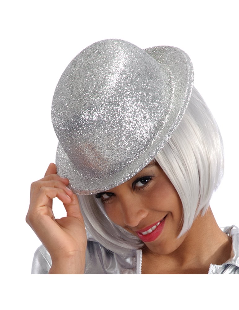 Hat Bowler Glitter Plastic Silver