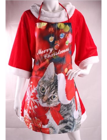 Apron Red with Cat & Christmas Decoratio