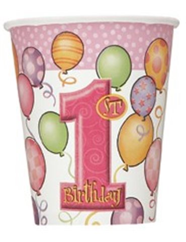 8 FIRST BIRTHDAY PINK 9 OZ CUPS