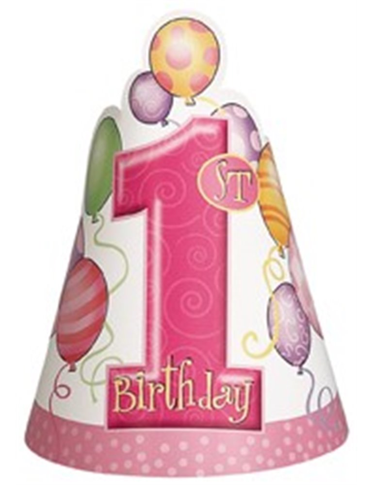 8 FIRST BIRTHDAY PINK PARTY HATS