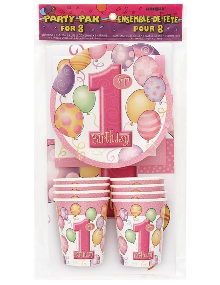 FIRST BIRTHDAY PINK PARTY PAK FOR 8