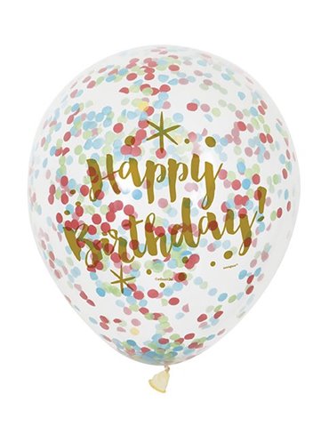 6 CLR 12" GLITZY BIRTHDAY BALLOONS W/CNF