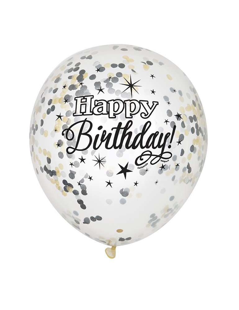 6 CLR 12" GLITTER BIRTHDAY BALLOONS W/CNF