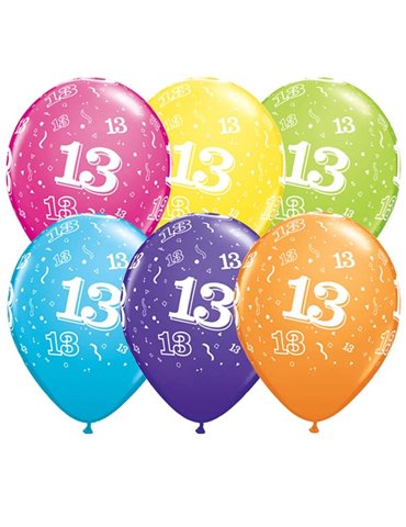 Age 13 Pack of 6 11" assorted coloured balloons