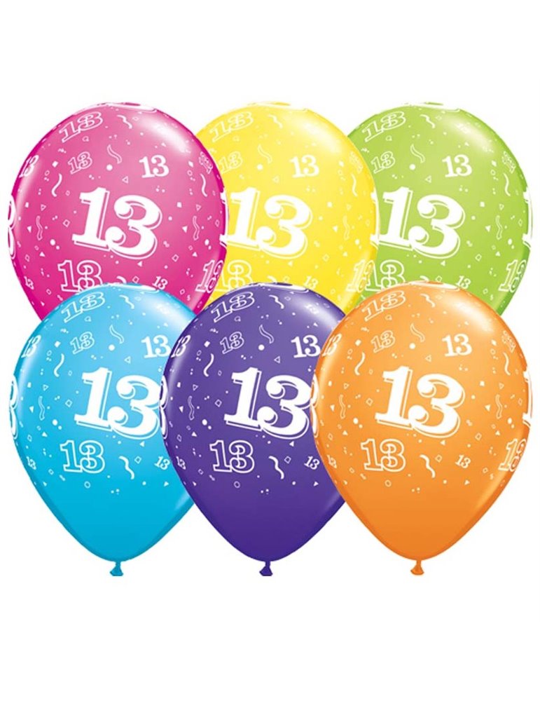 Age 13 Pack of 6 11" assorted coloured balloons