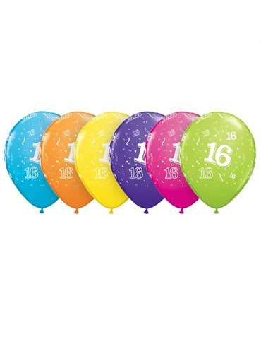 Age 16 Pack of 6 11" assorted coloured balloons