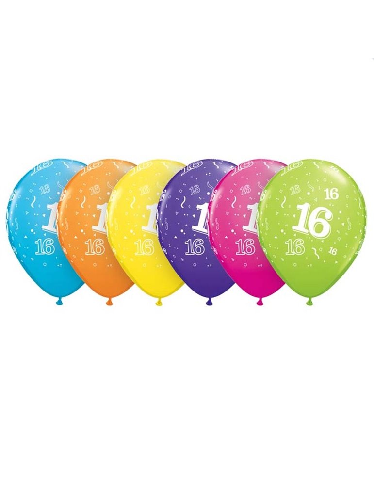 Age 16 Pack of 6 11" assorted coloured balloons