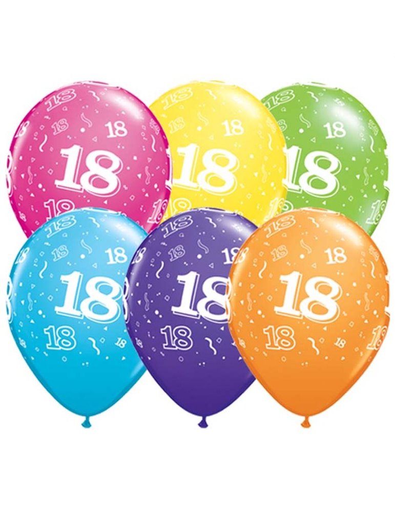 Age 18 Pack of 6 11" assorted coloured balloons