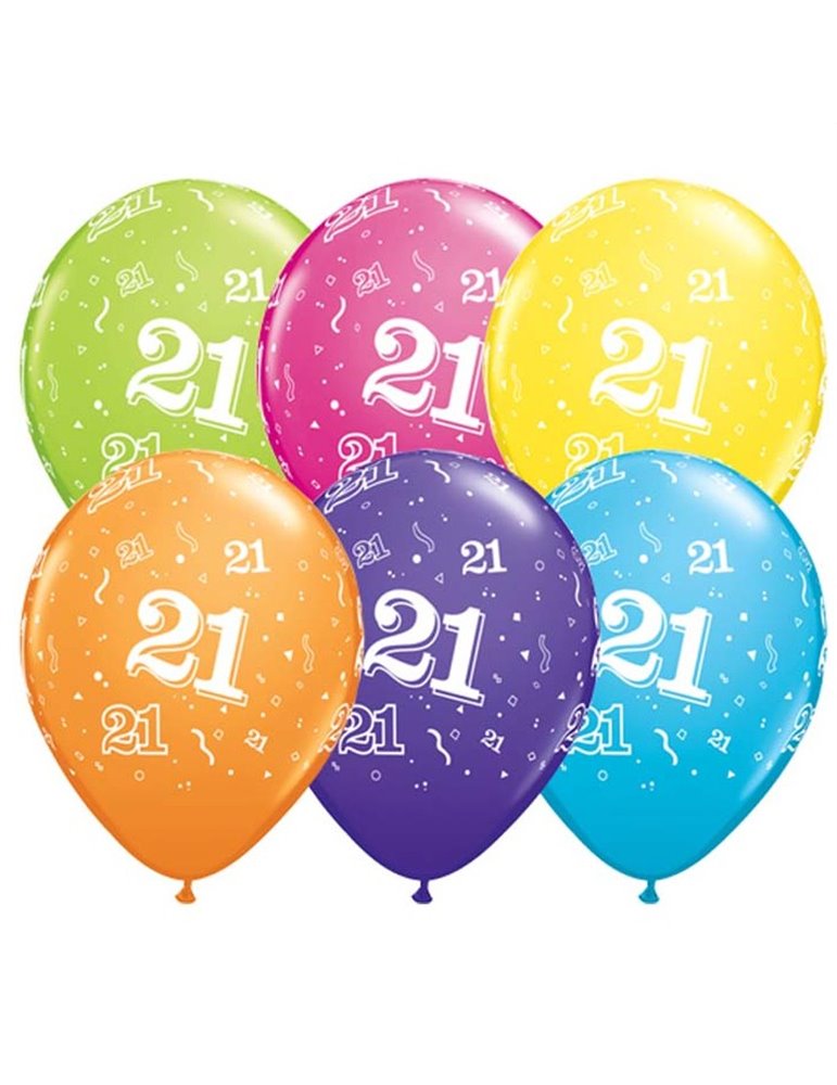 Age 21 Pack of 6 11" assorted coloured balloons