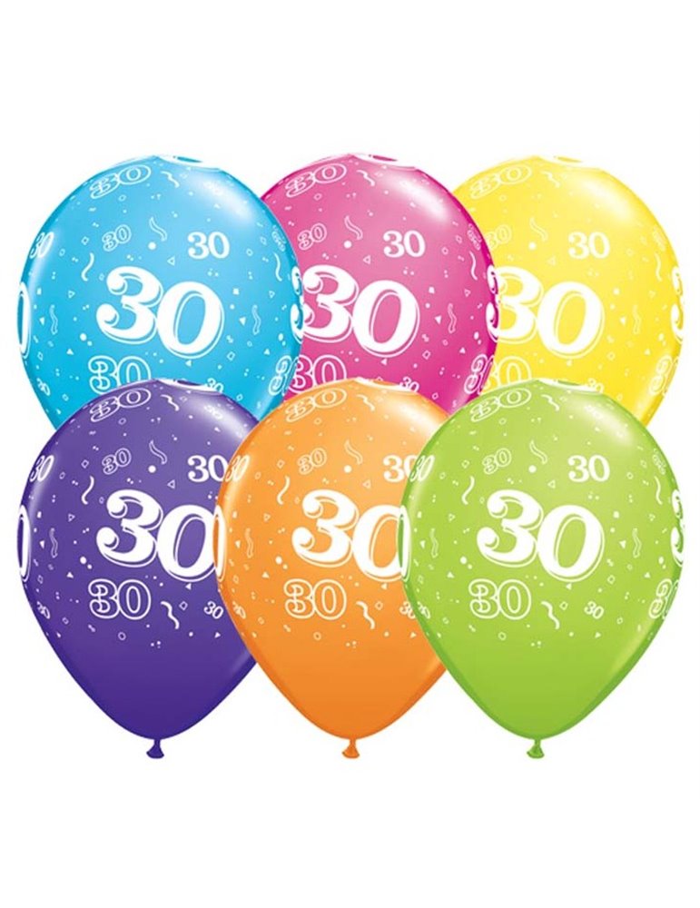 Age 30 Pack of 6 11" assorted coloured balloons