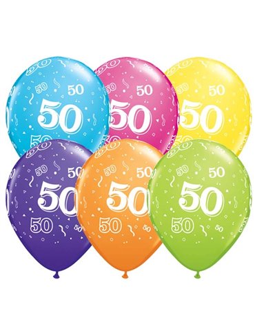 Age 50 Pack of 6 11" assorted coloured balloons