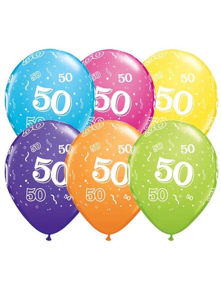 Age 50 Pack of 6 11" assorted coloured balloons